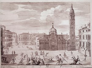 Udsigt over pladsen ved kirken Santa Maria Formosa a Venedig Gravering fra "" Teatro di Venezia"" 1700-tallets Venedig, Museo Correr af Italian School