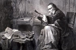 Violinmager i sit værksted (gravering) af Italian School