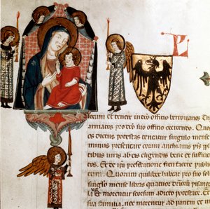 Jomfru og barn detalje. Miniature taget fra "" Short Populi et Compagniarum Pisani Communis "" (vedtægter for byen Pisa) 1300-1308 Pisa statsarkiv af Italian School