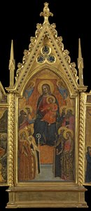 Jomfru og barn på tronen med otte hellige (midterpanel), ca. 1330-70 (tempera på panel) af Italian School