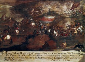 War of Candia (Kreta):: "" Slaget ved Chania ledet af Francesco Morosini (1619-1694) i august 1660" (Kretensiske krig (1645-69): angrebet på Canea ledet af Francesco Morosini i august 1660) Maleri af venetiansk skole af Italian School