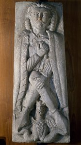 Kriger sidder på hug med drage, basrelief af sten, Italien af Italian School