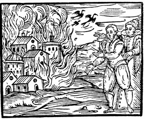 Hekse ødelægger et hus ved brand, Schwaben i 1533, illustration fra Compendium Maleficarum af Francesco Maria Guazzo, 1608 af Italian School