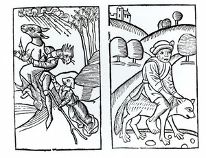 Hekse forklædt som dyr, der rider på et kosteskaft (til venstre) og en hanheks, der rider på en ulv (til højre), kopier af illustrationer fra Compendium Maleficarum af Fr. M. Guaccius, Milano 1608, brugt i magiens historie af Italian School