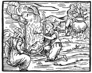 Hekse, der steger og koger spædbørn, kopi af en illustration fra Compendium Maleficarum af Fr M Guaccius, Milano 1608, brugt i History of Magic, udgivet sidst i det 19. århundrede af Italian School