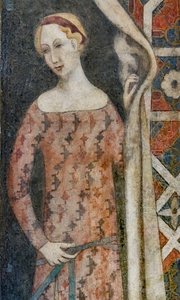Kvinde tegner et draperi med et geometrisk mønster, begyndelsen af det 15. århundrede (fresko) af Italian School