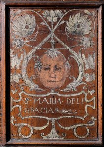 Træplade dekoreret med et ansigt og inskriptionen "Santa Maria delle Gracia" ", sacristy del bramante 1429-1481 Basilica di Santa Maria delle Grazie Milan (træbænk dekoreret med et ansigt og inskriptionen" Santa Maria delle Gracia "", Bramante sacrist af Italian School