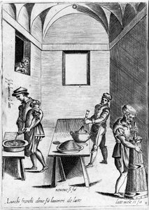 Arbejdsmælk (mejeriprodukt) på et køligt sted. Gravering fra "Opera", bog om gastronomi opdelt i 6 dele, af Bartolomeo Scappi, personlig kok af pave Pius V. Venedig af Italian School