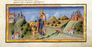 Yates Thompson 36, f.149, Den nøgne skikkelse af St. Francis, modtager velsignelsen af biskoppen af Assisi, fra 