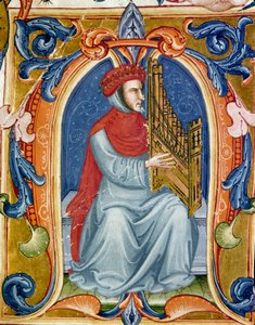 portræt af Francesco Landini eller Landino, der spiller orgel (1325 1397) italiensk komponist, organist, sanger, digter. Miniature af Codex Squarcialupi fra det 15. århundrede. Firenze, Bibliotek Laurenziana, Ms. Med. Pal. 87. af Italian School