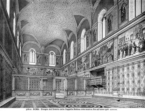 Tegning, der viser det indre af Det Sixtinske Kapel før renoveringen i 1508 af Italian School Italian School