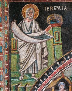 Profeten Jeremiah, mosaik, venstre for lunette, nordlige mur af præsbyteriet, Basilica of San Vitale (UNESCOs verdensarvsliste af Italian School