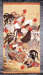 Tretten haner, fra Doshoku Sai-e (De levende væseners farverige rige) Edo-perioden. ca. 1757-66 (farve på silke) af Ito Jakuchu