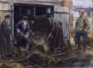 En gruppe russiske præster tvunget til at rydde kasernestaldene af Vladimirov, Ivan Alexeyevich (1869-1947). Akvarel, Gouache på papir af Ivan Alexeyevich Vladimirov