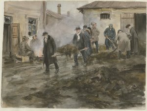 Borgerskabet renser staldene fra serien af akvareller, russisk revolution, 1920 af Ivan Alexeyevich Vladimirov