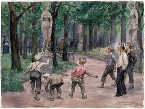 Sportskonkurrence i den kejserlige have, Sankt Petersborg (børn kaster sten efter en statue af en nøgen kvinde) - Sportskonkurrence i den kejserlige have: Petrograd, juli 1921 (fra serien af ​​akvareller russiske revolution) - Vladim af Ivan Alexeyevich Vladimirov
