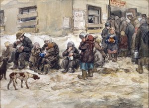 Sultne år i Petrograd. En ""Fælles spisestue."" af Vladimirov, Ivan Alexeyevich (1869-1947). Akvarel, Gouache på papir. Privat samling af Ivan Alexeyevich Vladimirov