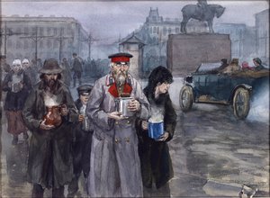 Sultne år i Petrograd. Tilbage fra et fælles suppekøkken af Vladimirov, Ivan Alexeyevich (1869-1947). Akvarel, Gouache på papir af Ivan Alexeyevich Vladimirov