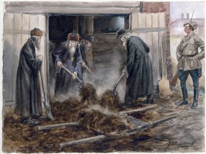Le clerge russe pelletant le fumier - Russiske præster skovler hø: september 1918 (fra serien af akvareller russiske revolution) - Vladimirov, Ivan Alexeyevich (1869-1947) - 1918 - Akvarel på papir - 25,8x34,3 - Privat samling af Ivan Alexeyevich Vladimirov