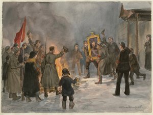 Soldater, der brænder malerier (fra serien af akvareller russiske revolution) - Oeuvre de Ivan Alexeyevich Vladimirov (1869-1947) - 1917 - Akvarel på papir - 25,7x34,5 - Privat samling
