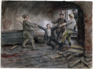 Un detenu emmene pour etre execute - Mand bliver holdt og henrettet (fra serien af akvareller russiske revolution) - Vladimirov, Ivan Alexeyevich (1869-1947) - 1919 - Akvarel på papir - 25,7x34,5 - Privat samling af Ivan Alexeyevich Vladimirov