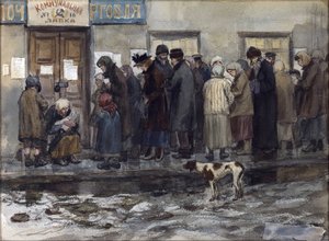 Venter på at modtage en ottendedel af et pund brød af Vladimirov, Ivan Alexeyevich (1869-1947). Akvarel, Gouache på papir af Ivan Alexeyevich Vladimirov