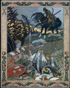 Illustration til eventyret Maria des mers (Illustration til eventyret Marya Morevna). Prins Ivan opdager hæren besejret af Maria Morevna, krigerdronningen. Værk af Ivan Yakovlevich Bilibin (Bilibin) (1876-1942), akvarel og blæk på papir af Ivan Yakovlevich Bilibin