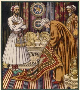 Prins Ali køber et magisk tæppe. Illustration til en arabisk fortælling. (Prins Ali køber et tæppe). Maleri af Ivan Yakolevich Bilibin (Bilibin) (1876-1942). Akvarel på papir. Sankt Petersborg, det russiske statsmuseum. af Ivan Yakovlevich Bilibin