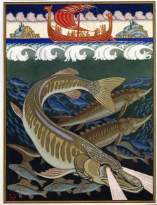 Havets imperium (Sea Empire). Russisk traditionel fortælling. Værk af Ivan Yakovlevich Bilibin (Bilibin) (1876-1942), akvarel og gouache på papir af Ivan Yakovlevich Bilibin