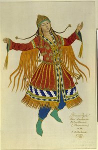 En polovtsisk (eller Couman, Kuman) shamandanser. Kostume til operaen ""Prince Igor"" af Alexandre Borodin (Borodin) (1833-1887). Værk af Ivan Yakovlevich Bilibin (Bilibin) (1876-1942), akvarel på papir af Ivan Yakovlevich Bilibin