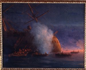 Russisk-tyrkisk (russisk-tyrkisk) krig 1877-1878: angreb af russiske sejlbåde på det tyrkiske dampslagskib Assari Shevket, ved Sortehavet, 12. august 1877 (Angreb af de russiske kuttere på det tyrkiske dampslagskib Assari Shevket i Sortehavet den 12. augus af Ivan Konstantinovich Aivazovsky
