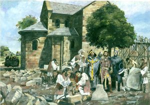 Indvielse af klosterkirken af ærkebiskoppen af Canterbury i overværelse af William Rufus, Battle Abbey (akvarel på papir) af Ivan Lapper