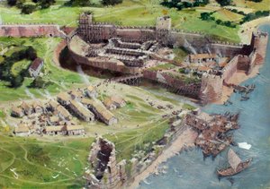 Rekonstrueret udsigt over Tower of London fra sydvest, som det kan have set ud i 1070