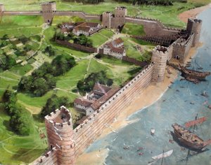 Rekonstrueret billede af det sydøstlige hjørne af det romerske London og det fremtidige sted for Tower of London, som det kan have set ud omkring år 400 e.Kr. af Ivan Lapper