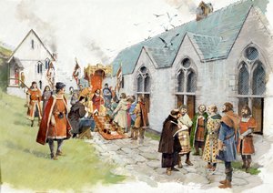 Øens gårdsplads på jarl Richards slot i Tintagel i det 13. århundrede (akvarel på papir) af Ivan Lapper