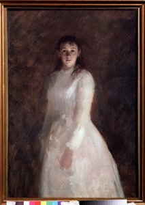 Portræt af en ung dame (Portræt af en ung dame). (klædt i en lang hvid kjole). Maleri af Ivan Nikolayevich Kramskoi (1837-1887), olie på lærred. russisk kunst af Ivan Nikolaevich Kramskoy