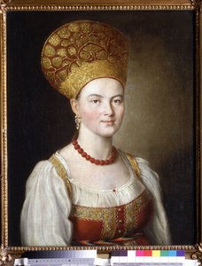 Portræt af en kvinde i russisk kostume (Kvindeportræt i russisk kjole). Maleri af Ivan Petrovich Argunov (Argunov) (1729-1802). Olie på lærred, 67 x 53,6 cm
