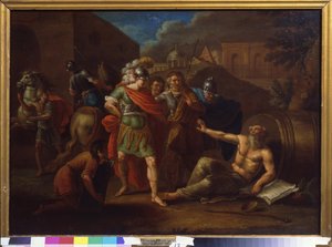 Alexander den Store (Alexander III af Makedonien, 356-323 f.Kr.) besøger Diogenes (Diogenes fra Sinope eller Kynikeren, ca. 413-cirka 327 f.Kr.) i Korinth (Grækenland) af Ivan Philippovich Tupylev