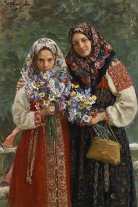 Vilde blomster. (Engblomster). En mor og hendes datter, elegante i deres folkloristiske kjoler med et farverigt tørklæde, der dækker deres hår, holder en buket vilde blomster i hænderne. Maleri af Ivan Semyonovich Kulikov (Koulikov) (1875