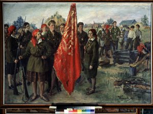 Militær Komsomol (Militær Komsomol). Organisation af sovjetunionens kommunistiske unge, beskrivelse af en gruppe unge mennesker i uniform (militær og hospital) og våben samlet omkring en rød standard, nær efembygninger