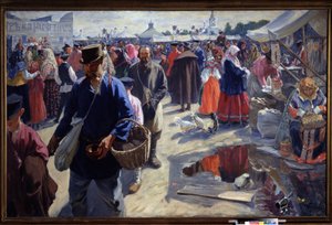 Messen (En messe). Markedsscene i en russisk provinsby, i en traditionel atmosfære, med bønder og sælgere. Maleri af Ivan Semyonovich Kulikov (Koulikov) (1875-1941), olie på lærred