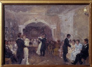 Købmandsbolden. Par danser, unge piger klædt i hvidt sidder og venter på en invitation til at danse. Maleri af Ivan Semyonovich Kulikov (Koulikov) (1875-1941), olie på lærred