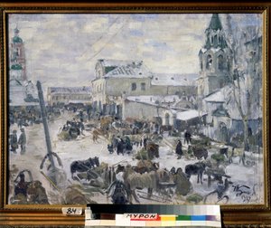 En kirke i Murom (Rusland). (En kirke i Murom). Beskrivelse af en gade i byen, under sneen, med daglig underholdning, hestevogne. Maleri af Ivan Semyonovich Kulikov (Koulikov) (1875-1941), olie på lærred