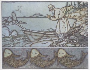 Illustration til eventyret om fiskeren og fisken af Ivan Yakovlevich Bilibin