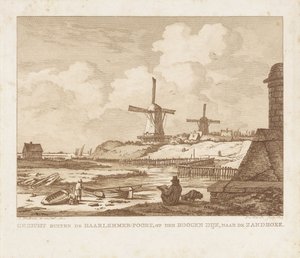 Udsigt uden for Haarlemmerpoort i Amsterdam med en siddende tegner Udsigt uden for Haarlemmer-Poort, på Hoogen Dijk, mod Zandhoek (titel på objekt)