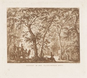 Vogn og vandrere i Haarlemmerhout Udsigt i Haarlemmer Hout (titel på objekt)