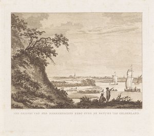 Bredt landskab med to figurer og sejlskibe En udsigt over den Rheenenschen Berg over Betuwe i Gelderland (titel på objekt)