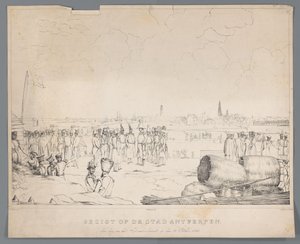 Udsigt over byen Antwerpen dagen efter bombardementet, den 28. oktober 1830 (titel på objektet) af Izaak Schouman