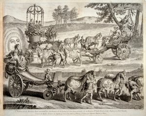 Apollos vogn - Uddrag fra albummet ""Masque royal"" (Mascara real) - Kobberstik af A J De Fehrt (Defehrt) (1723-1774) af J.A. Defehrt