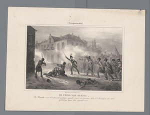 Prince of Orange ledede tropperne ved Ravels, 1831 Prinsen af ​​Orange, der er rejst fra hesten ved Ravels, leder personligt 2. batalyon af 18. division mod fjenden / (3. august 1831) (titel på objekt) Syv optegnelser over slag o af J.B. Clermans